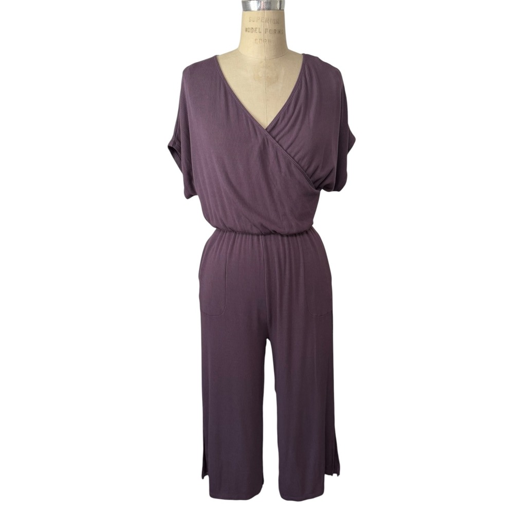 Kyte Baby Jumpsuit Womens S Purple Bamboo Rayon Ribbed Surplice Cropped Wide Leg